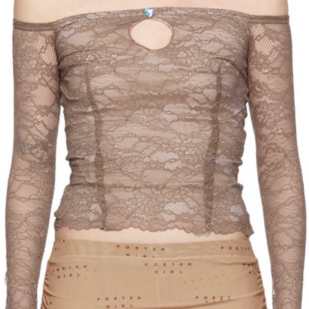 NWT POSTER GIRL Marcie Top off the shoulder Size XL Beige Y2K Lace Gem Crop Top